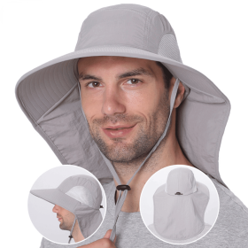 Outdoor Fisherman Hat for Men Women Summer Quick Drying Neck Protection Visor Cap Anti UV Breathable Fishing Safari Hat (Color: Light Gray)